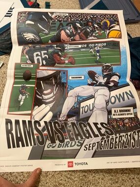 Official Rams vs Eagles Comic-Style Game Poster - Blue, Green, White nfl
